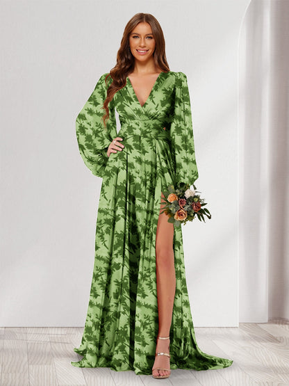 A-Line/Princess V-Neck Long Sleeves Floor Length Bridesmaid Dresses with Split Side