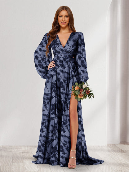 A-Line/Princess V-Neck Long Sleeves Floor Length Bridesmaid Dresses with Split Side