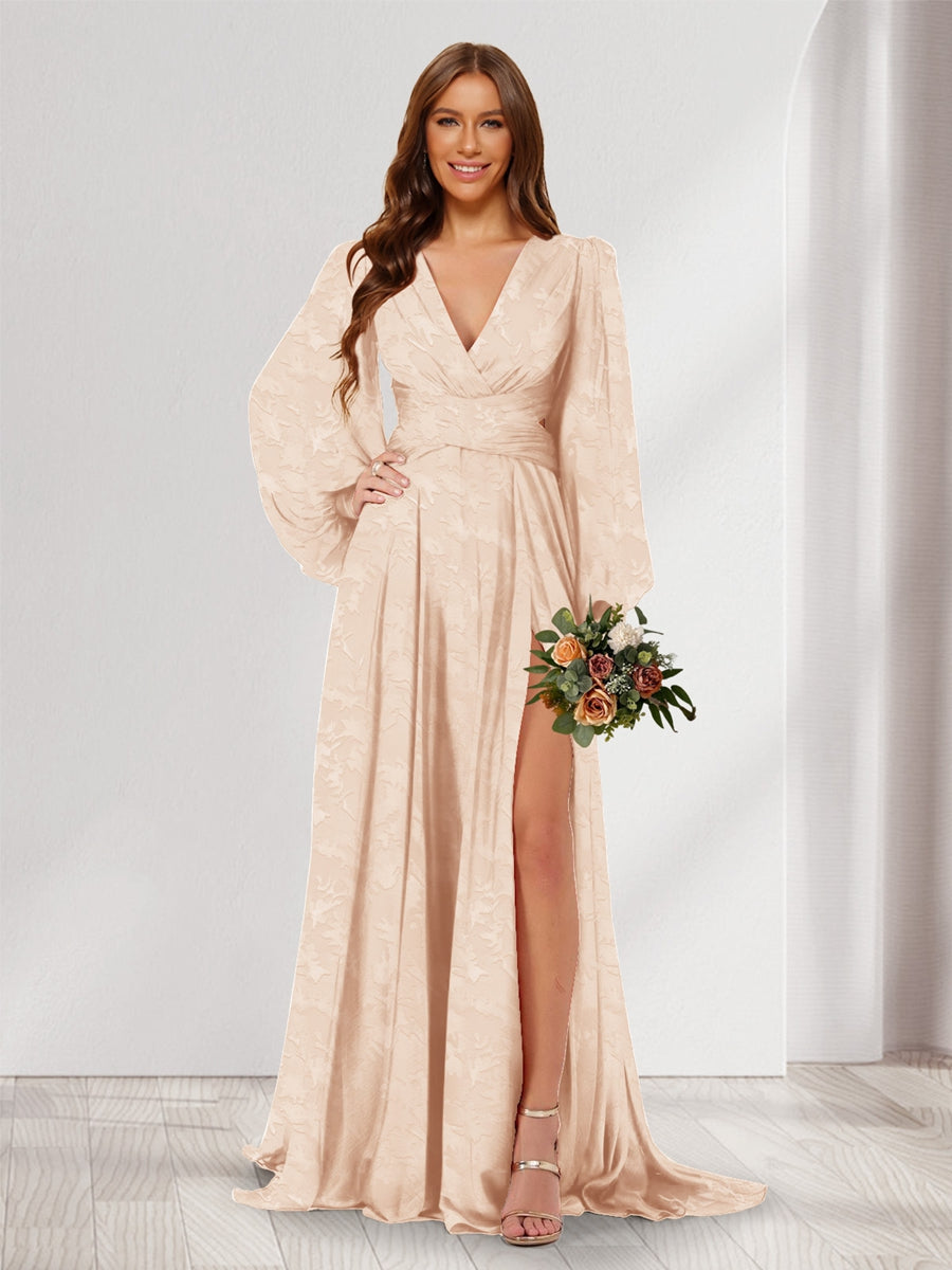 A-Line/Princess V-Neck Long Sleeves Floor Length Bridesmaid Dresses with Split Side
