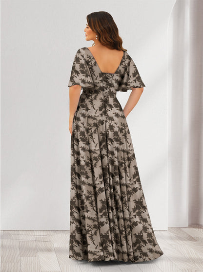 A-Line V-Neck Half Sleeves Floral Bridesmaid Dresses With Pockets & Split Side