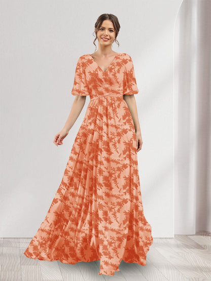 A-Line V-Neck Half Sleeves Floral Bridesmaid Dresses With Pockets & Split Side