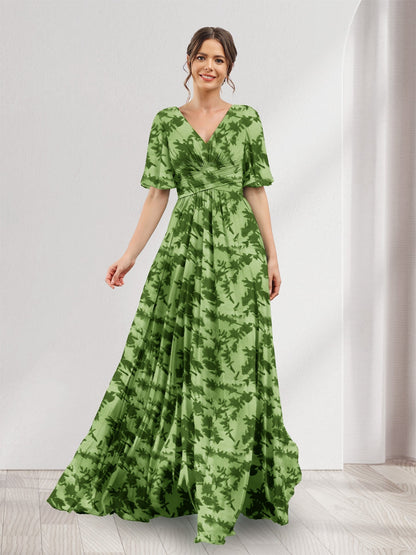 A-Line V-Neck Half Sleeves Floral Bridesmaid Dresses With Pockets & Split Side