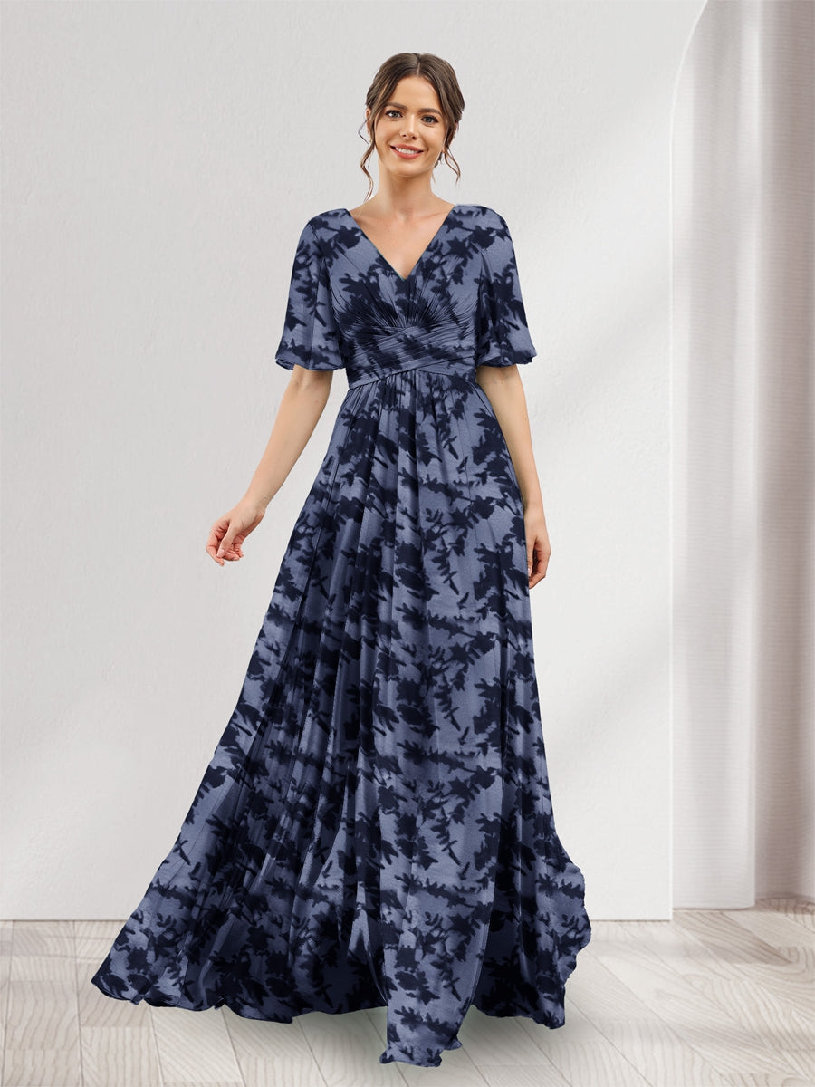 A-Line V-Neck Half Sleeves Floral Bridesmaid Dresses With Pockets & Split Side