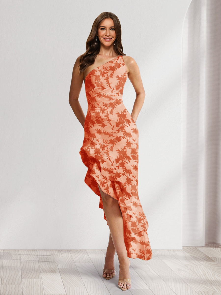 Sheath/Column One-Shoulder Ruffle Floral Wedding Guest Dresses with Split Side