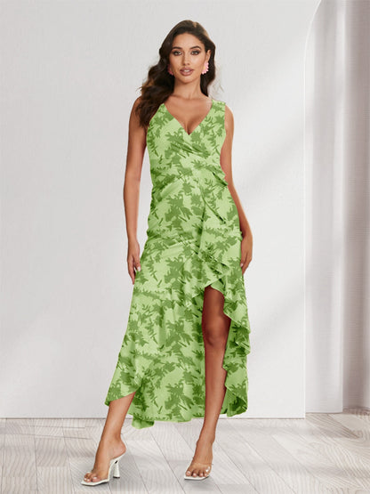 Sheath/Column V-Neck High Low Floral Women's Dresses with Split Side