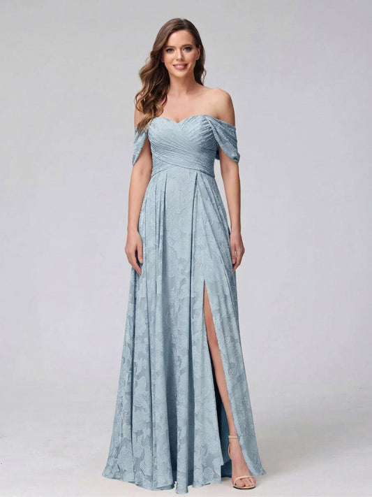A-Line/Princess Off-the-Shoulder Sleeveless Ruched Long Bridesmaid Dresses With Split Side