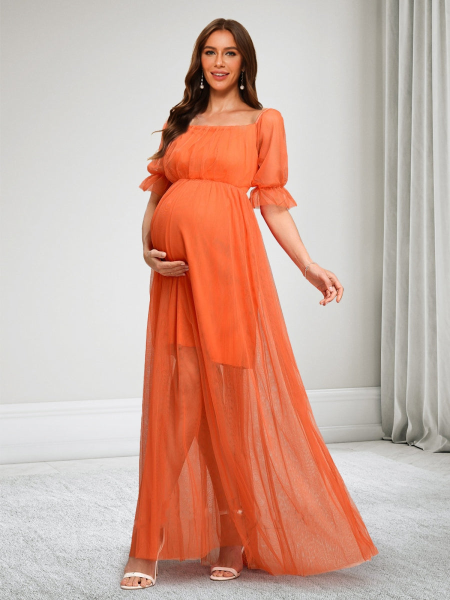 A-Line/Princess Square Neck Half Sleeves Ruched Long Maternity Dresses