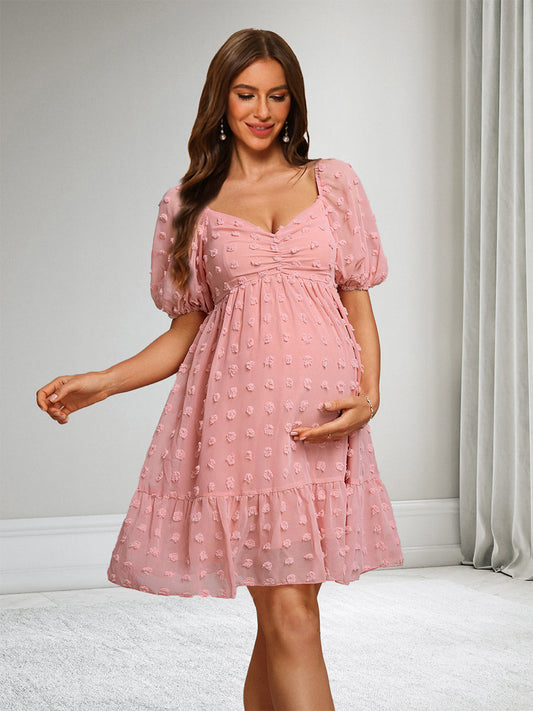 A-Line/Princess V-Neck Short Sleeves Classic Maternity Dresses with Dots & Ruffles
