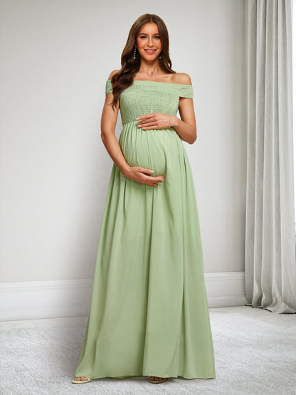 A-Line/Princess Off-the-Shoulder Sleeveless Floor-Length Maternity Dresses with Pleats