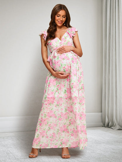 A-Line/Princess V-Neck Ankle-Length Printed Floral Maternity Dresses with Ruffles
