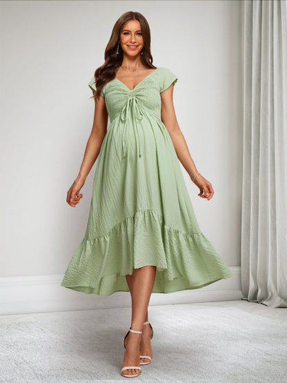 A-Line/Princess V-Neck Short Sleeves Ruched Asymmetrical Maternity Dresses with Ruffles