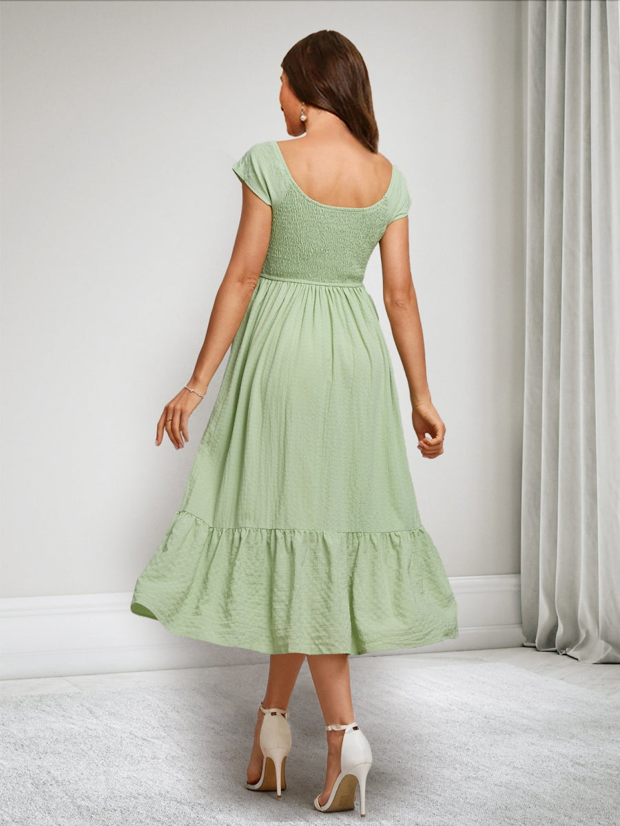 A-Line/Princess V-Neck Short Sleeves Ruched Asymmetrical Maternity Dresses with Ruffles