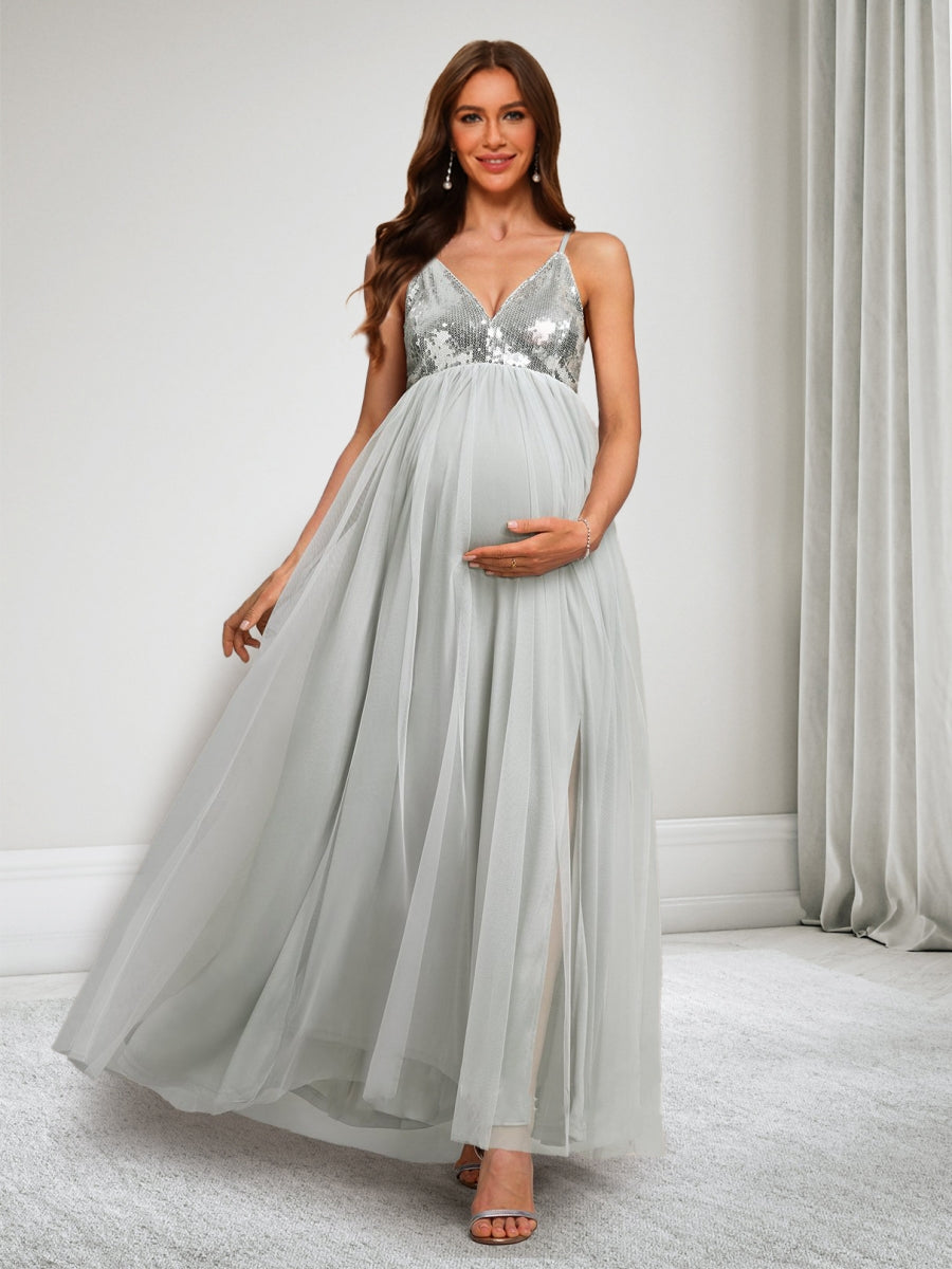 A-Line/Princess Spaghetti Straps Sleeveless Ankle-Length Sequins Maternity Dresses