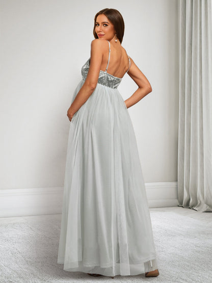 A-Line/Princess Spaghetti Straps Sleeveless Ankle-Length Sequins Maternity Dresses