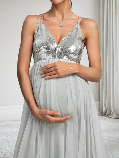 A-Line/Princess Spaghetti Straps Sleeveless Ankle-Length Sequins Maternity Dresses