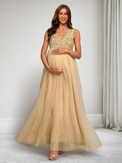 A-Line/Princess V-Neck Sleeveless Ankle-Length Tulle Maternity Dresses with Sequins
