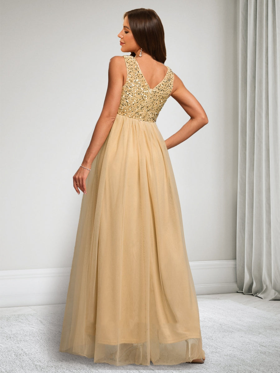 A-Line/Princess V-Neck Sleeveless Ankle-Length Tulle Maternity Dresses with Sequins