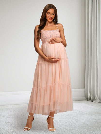 A-Line/Princess Spaghetti Straps Sleeveless Tulle Maternity Dresses with Sequins