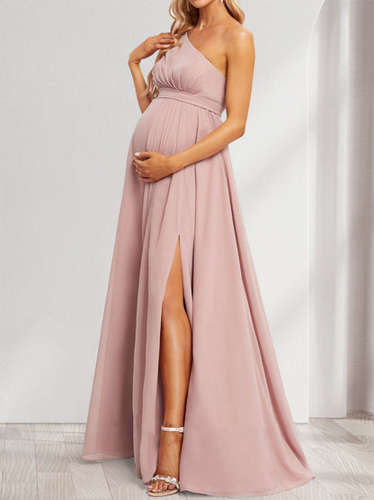 A-Line/Princess One-Shoulder Ruched Chiffon Baby Shower Bridesmaid Dresses with Split Side & Ruffles