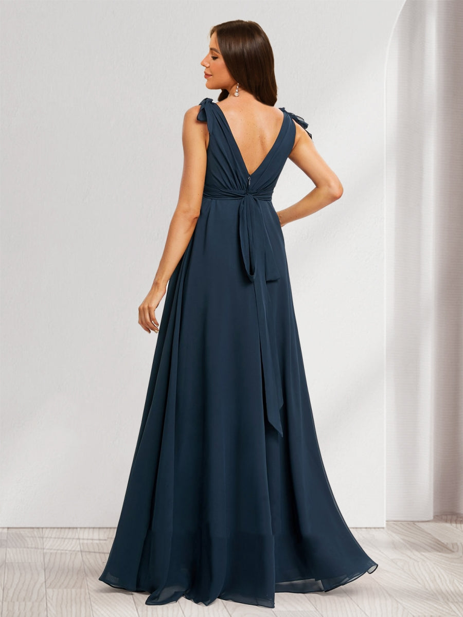 A-Line/Princess V-Neck Sleeveless Floor-Length Baby Shower Bridesmaid Dresses with Ruffle & Bow