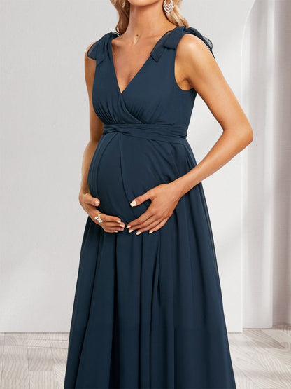 A-Line/Princess V-Neck Sleeveless Floor-Length Baby Shower Bridesmaid Dresses with Ruffle & Bow