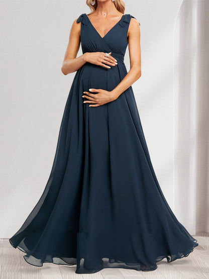 A-Line/Princess V-Neck Sleeveless Floor-Length Baby Shower Bridesmaid Dresses with Ruffle & Bow