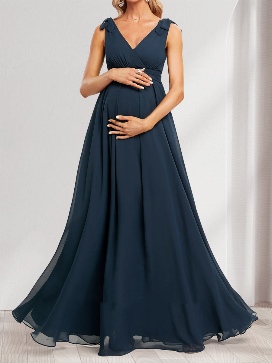 A-Line/Princess V-Neck Sleeveless Floor-Length Baby Shower Bridesmaid Dresses with Ruffle & Bow