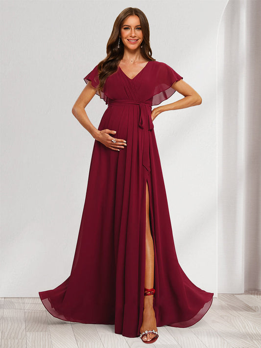 A-Line/Princess V-Neck Ruched Long Baby Shower Bridesmaid Dresses with Pleats & Split Side