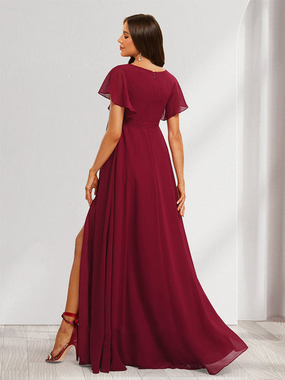A-Line/Princess V-Neck Ruched Long Baby Shower Bridesmaid Dresses with Pleats & Split Side