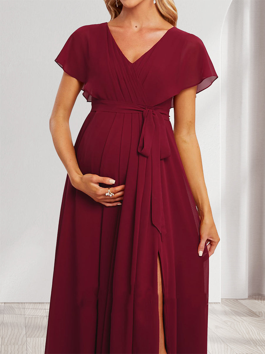 A-Line/Princess V-Neck Ruched Long Baby Shower Bridesmaid Dresses with Pleats & Split Side