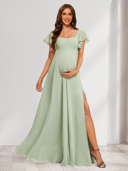 A-Line/Princess Square Neck Baby Shower Bridesmaid Dresses with Ruffles & Side Slit
