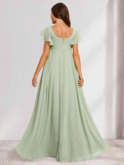 A-Line/Princess Square Neck Baby Shower Bridesmaid Dresses with Ruffles & Side Slit