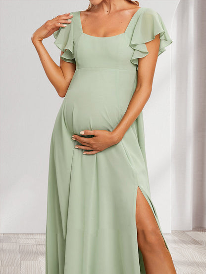 A-Line/Princess Square Neck Baby Shower Bridesmaid Dresses with Ruffles & Side Slit