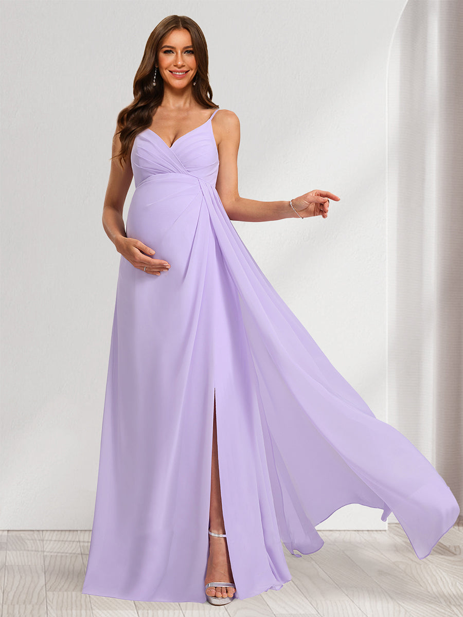 A-Line/Princess Spaghetti Straps Ruched Elegant Baby Shower Bridesmaid Dresses with Split Side
