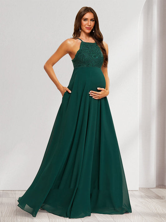 A-Line/Princess Halter Straps Sleeveless Long Baby Shower Bridesmaid Dresses with Lace Appliques