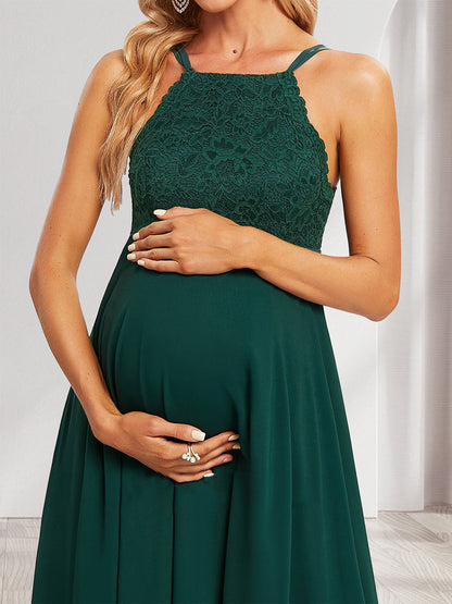 A-Line/Princess Halter Straps Sleeveless Long Baby Shower Bridesmaid Dresses with Lace Appliques