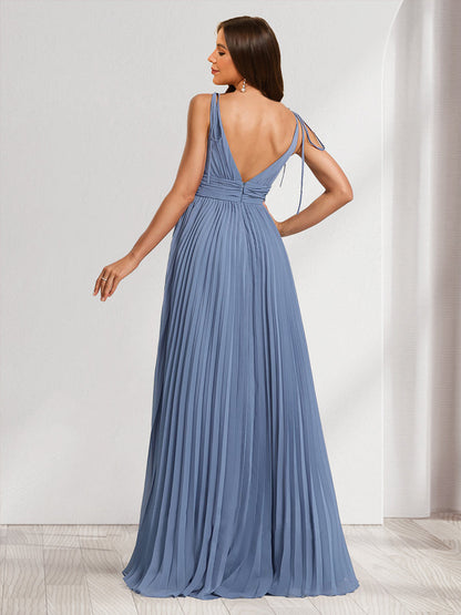 A-Line/Princess V-Neck Sleeveless Long Minimalist Baby Shower Bridesmaid Dresses with Pleats
