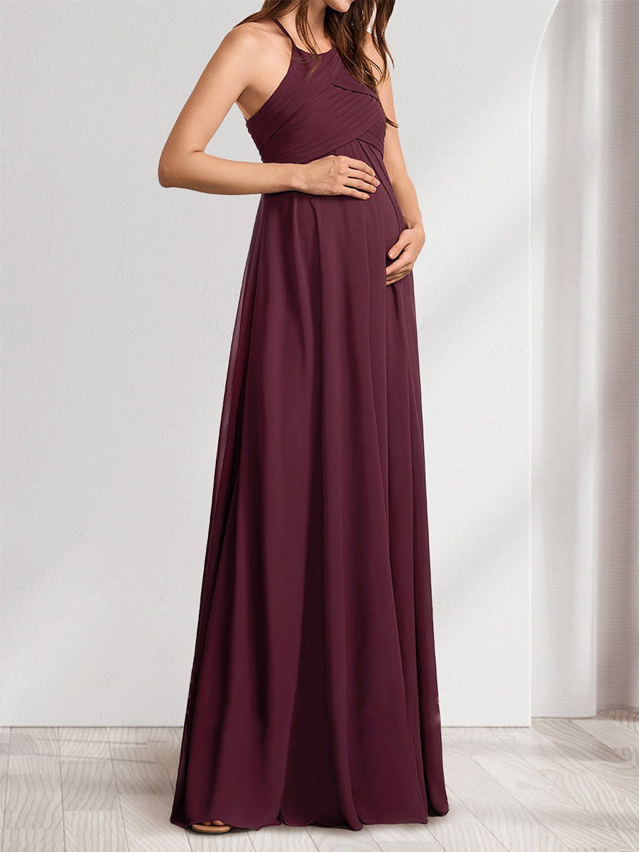 A-Line/Princess Halter Sleeveless Ruched Long Chiffon Baby Shower  Bridesmaid Dresses