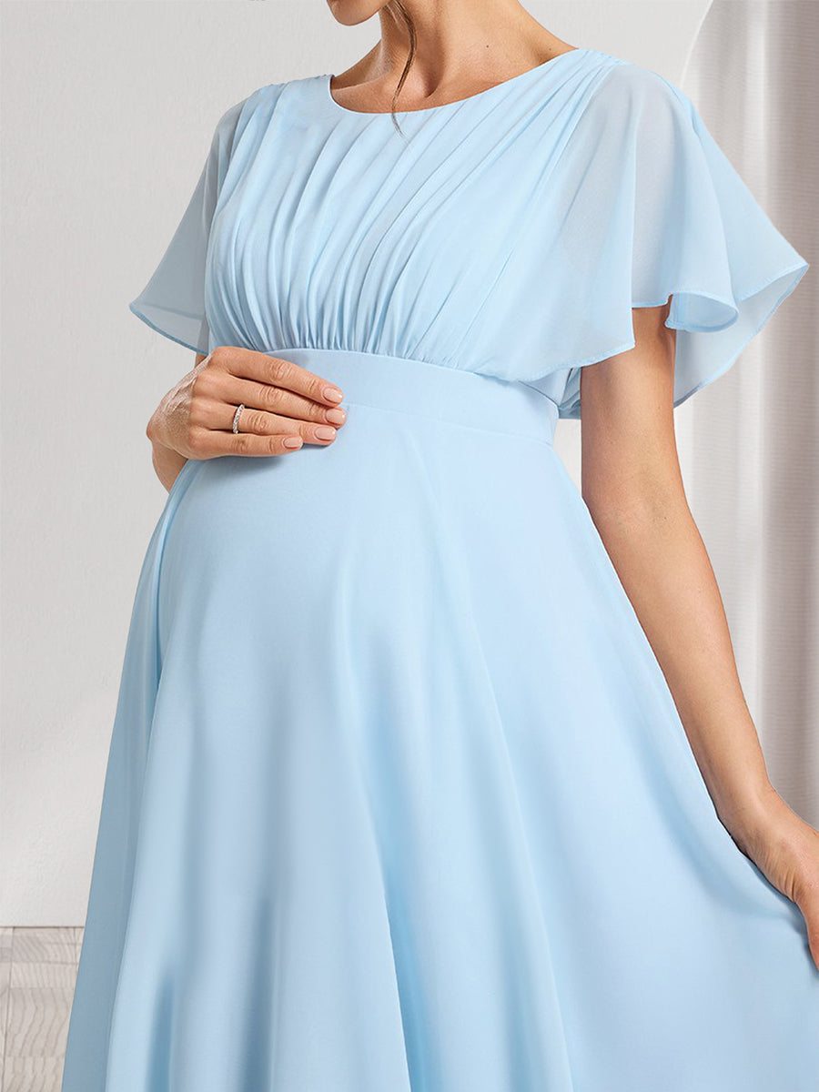 A-Line/Princess Scoop Short Sleeves Ruched Asymmetrical Baby Shower Bridesmaid Dresses with Ruffles
