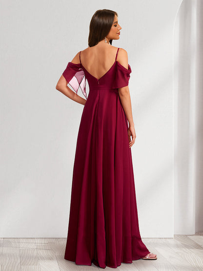 A-Line/Princess Spaghetti Straps Floor-Length Baby Shower Bridesmaid Dresses with Bow & Pleats