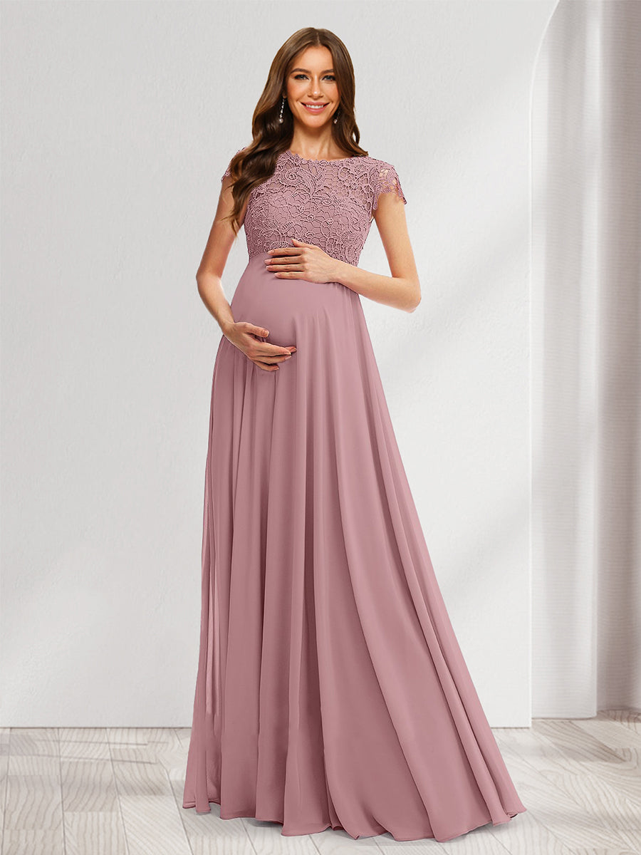 A-Line/Princess Round Neck Long Baby Shower Bridesmaid Dresses with Lace Appliques