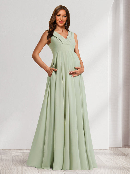 A-Line/Princess V-Neck Ruched Chiffon Baby Shower Bridesmaid Dresses with Pleats & Side Slit