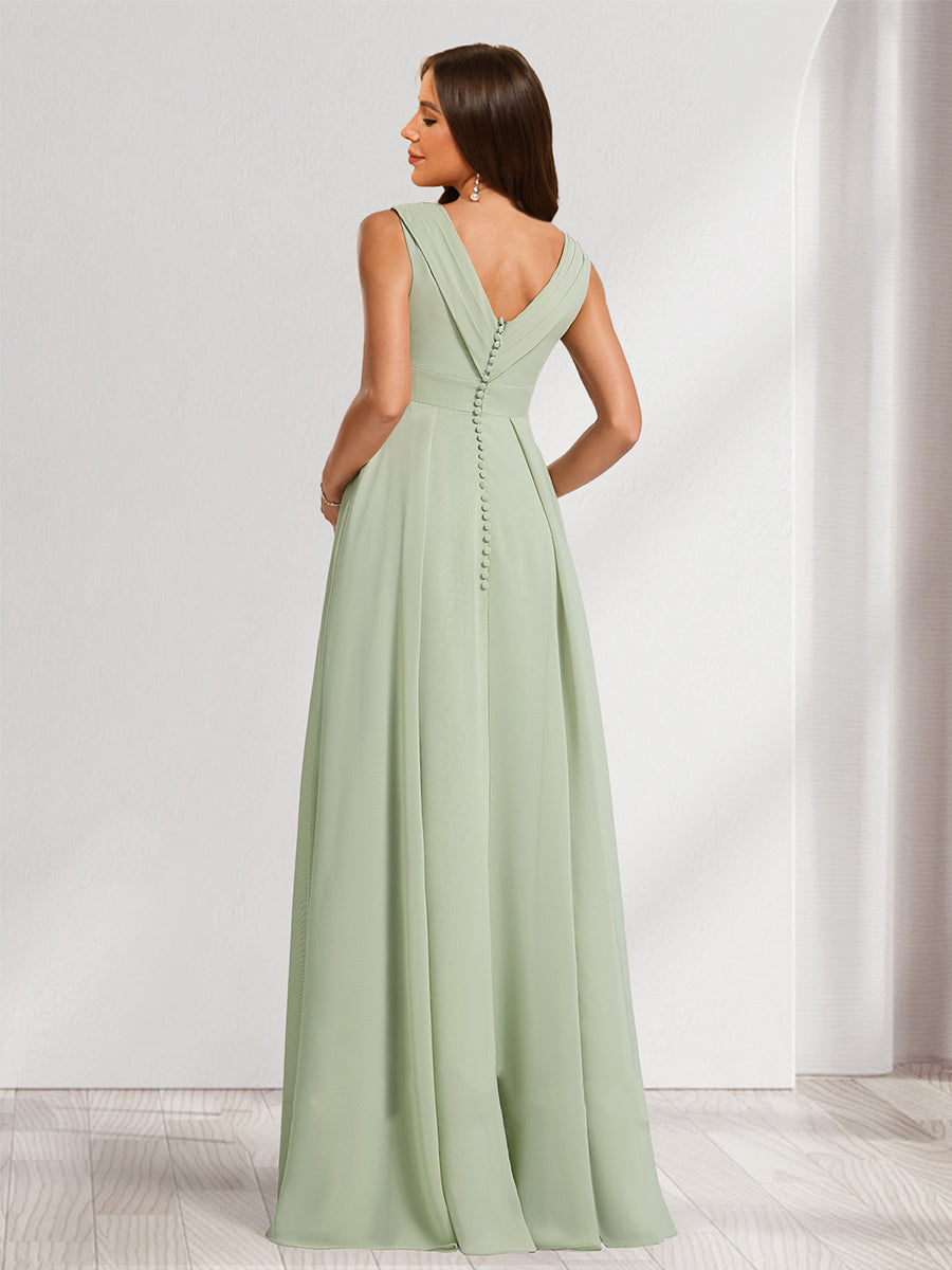 A-Line/Princess V-Neck Ruched Chiffon Baby Shower Bridesmaid Dresses with Pleats & Side Slit