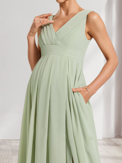 A-Line/Princess V-Neck Ruched Chiffon Baby Shower Bridesmaid Dresses with Pleats & Side Slit