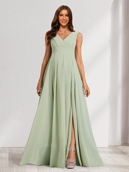 A-Line/Princess V-Neck Ruched Chiffon Baby Shower Bridesmaid Dresses with Pleats & Side Slit