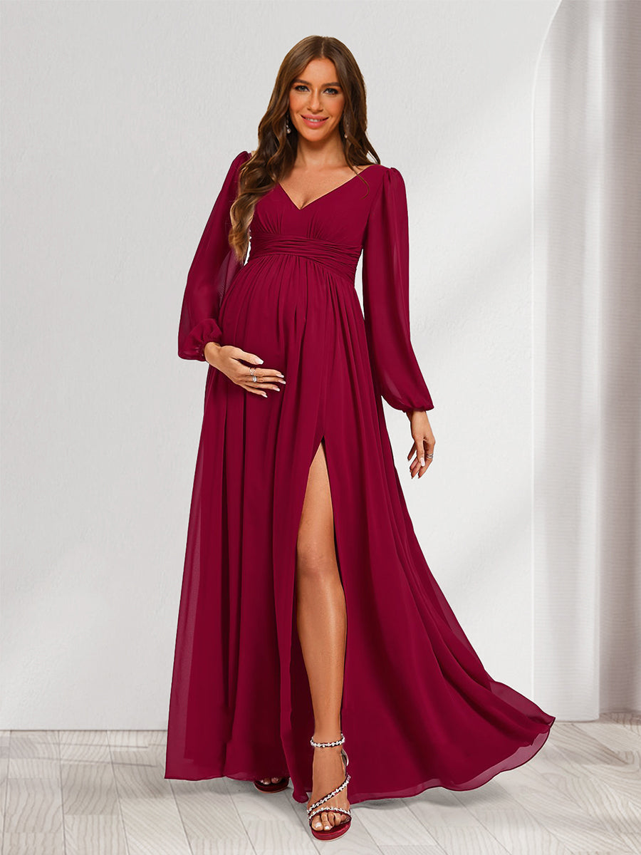 A-Line/Princess V-Neck Long Sleeves Ruched Baby Shower Bridesmaid Dresses with Split Side