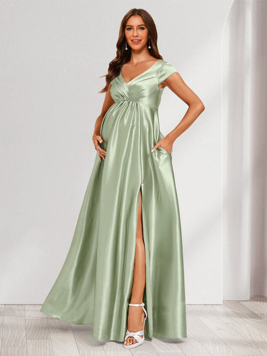 A-Line/Princess V-Neck Cap Sleeves Long Side Slit Baby Shower Bridesmaid Dresses with Pleats & Pockets
