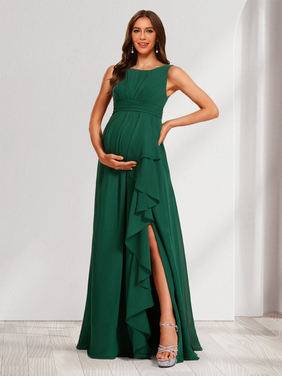 A-Line/Princess Scoop Ruched Floor-Length Baby Shower Bridesmaid Dresses with Ruffles & Side Slit