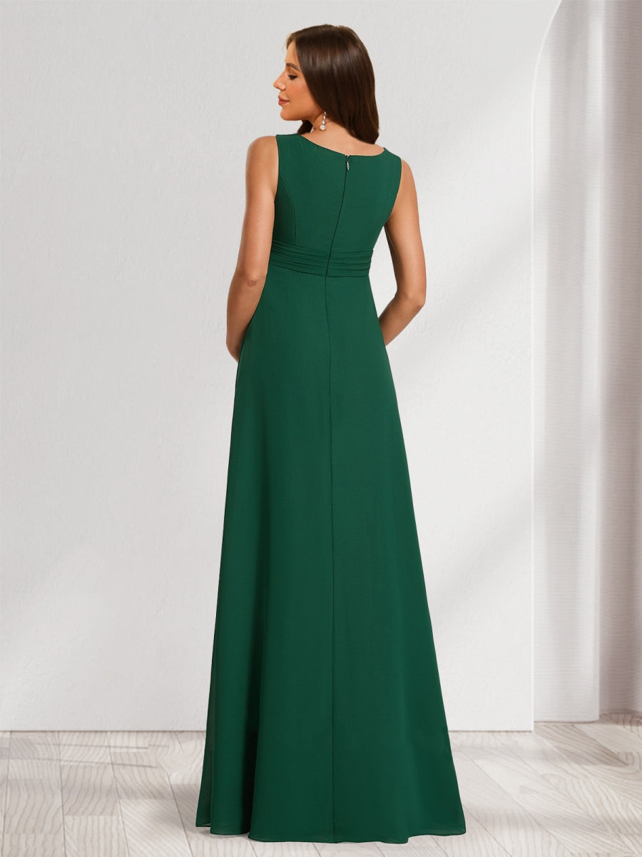 A-Line/Princess Scoop Ruched Floor-Length Baby Shower Bridesmaid Dresses with Ruffles & Side Slit