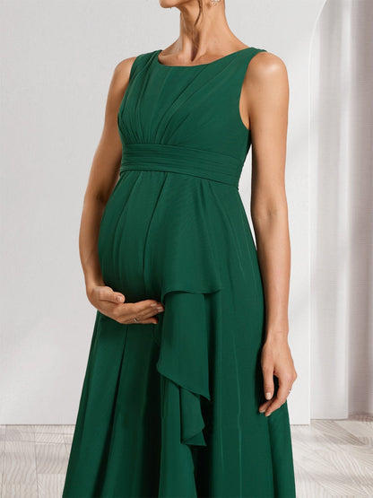 A-Line/Princess Scoop Ruched Floor-Length Baby Shower Bridesmaid Dresses with Ruffles & Side Slit